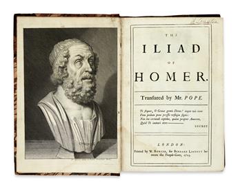 HOMER. The Iliad . . . Translated by Mr. Pope.  6 vols. in 3.  1715-20.  Lacks map and plate. With receipt signed by Pope.